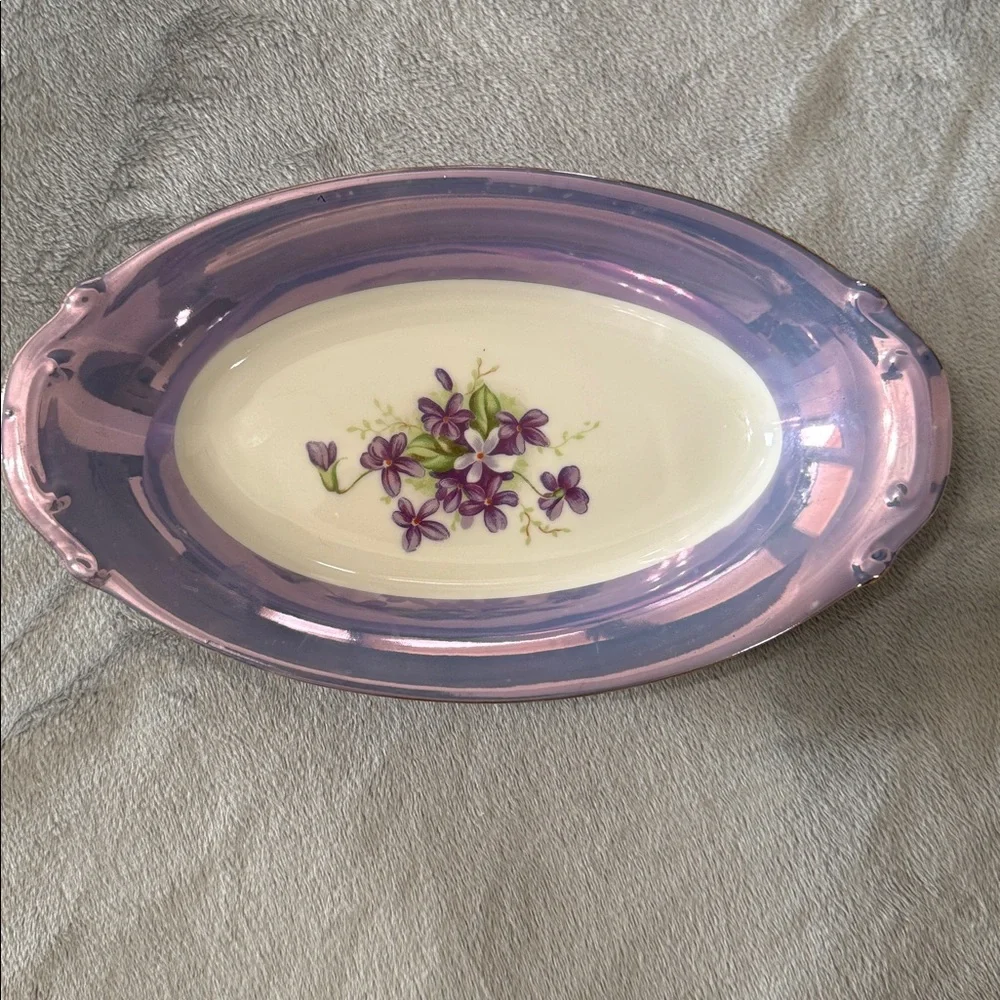 Vintage Norleans Blue Lusterware Oval Relish Dish‎ Painted Violets Iridescent